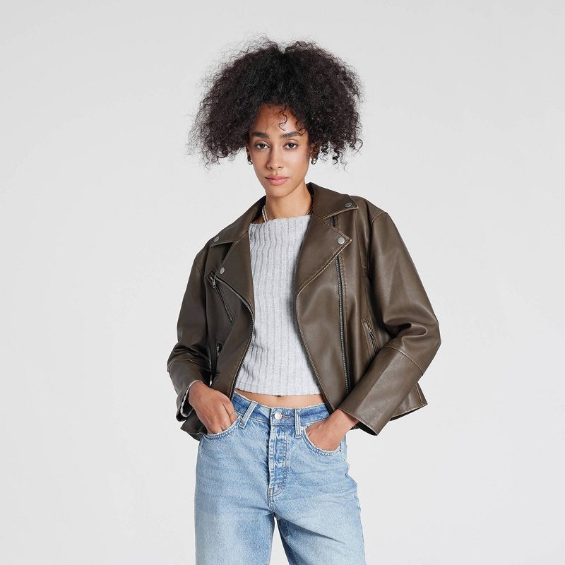 Women's Faux Leather Biker Jacket - Wild Fable™ Brown L
