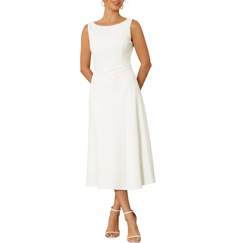 INSPIRE CHIC Women's Formal Sleeveless Ruched High Waist A-Line Work Dresses Large White