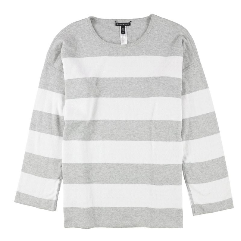 Eileen Fisher Womens Cotton Striped Pullover Sweater, graywhite, Medium