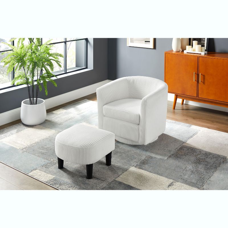 CAVINAS 360° Swivel Chair with Ottoman,Corduroy Upholstery Accent Chair,Bedroom,Modern Comfy Lounge Chair with Cushion,Living Room Furniture,Whte