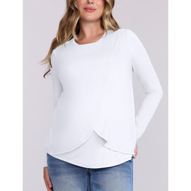Women's Crewneck Long Sleeve Draped Nursing Maternity Tee - White - Size: Large - Motherhood Maternity