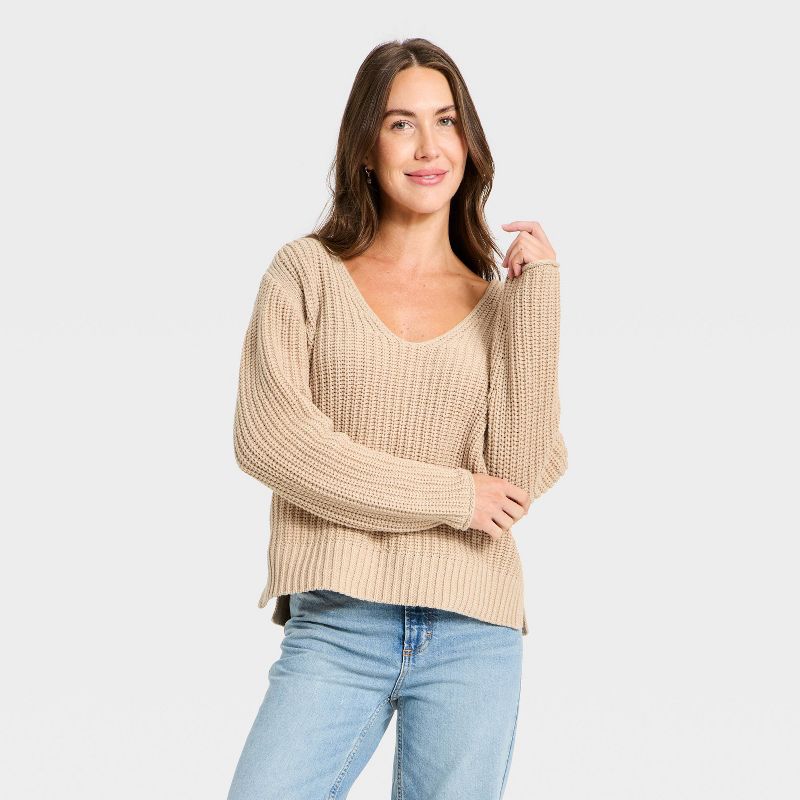 Women's Wide V-Neck Pullover Sweater - Universal Thread™ Oatmeal M