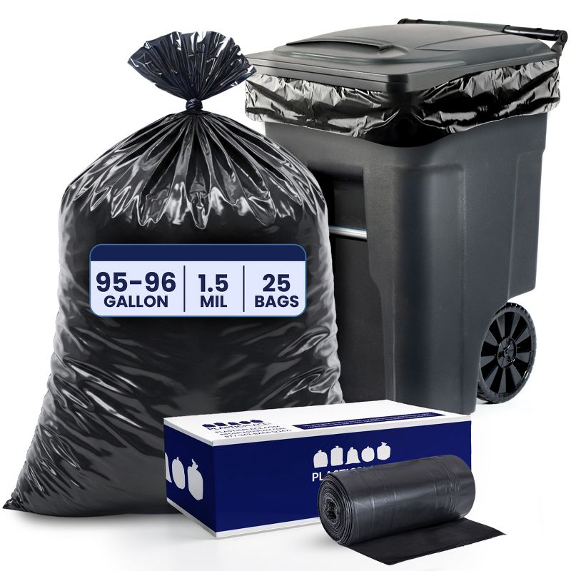 Plasticplace 95-96 Gallon, 1.5 Mil, Black Heavy Duty Trash Bags, 61'' X 68'' (25 Count)