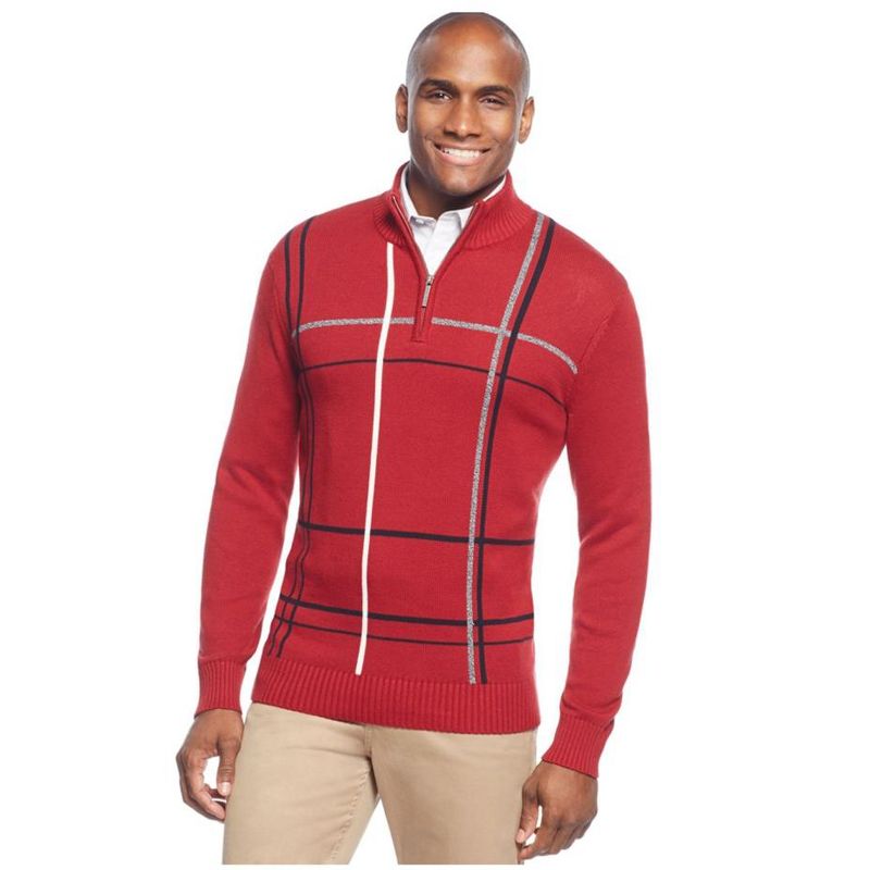 Geoffrey Beene Mens Windowpane Quarter-Zip Pullover Sweater, wine, Big 2X