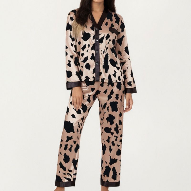 Anna-Kaci Lounge Women's 2-Piece Set Satin Animal Print Button-Front Long Sleeve Top and Straight Leg Pants - Large, Beige