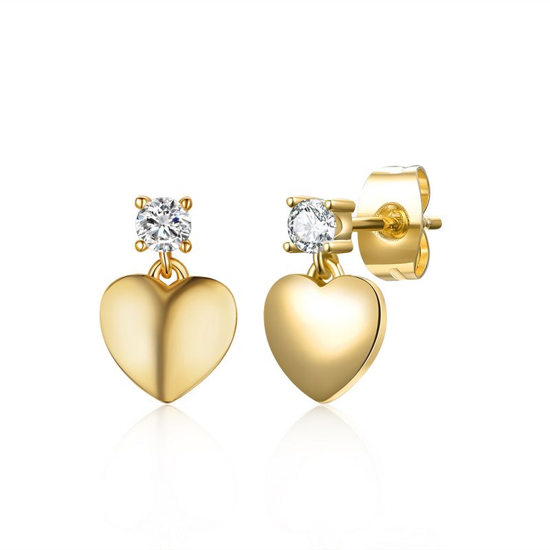"Radiant Elegance: Sparkling 14k Yellow Gold Heart Dangle Earrings with Cubic Zirconia, Balancing Timeless Charm & Contemporary Sophistication."