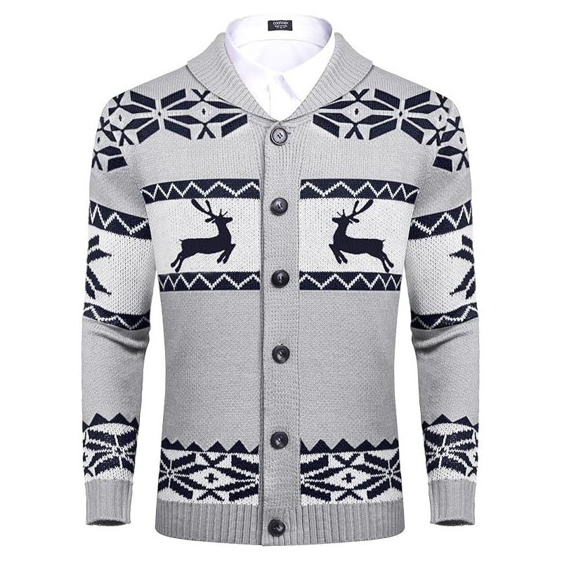 COOFANDY Men's Christmas Cardigans Ugly Xmas Sweaters Reindeer Snowflake Shawl Collar Knitted Cardigan Sweater Grey S