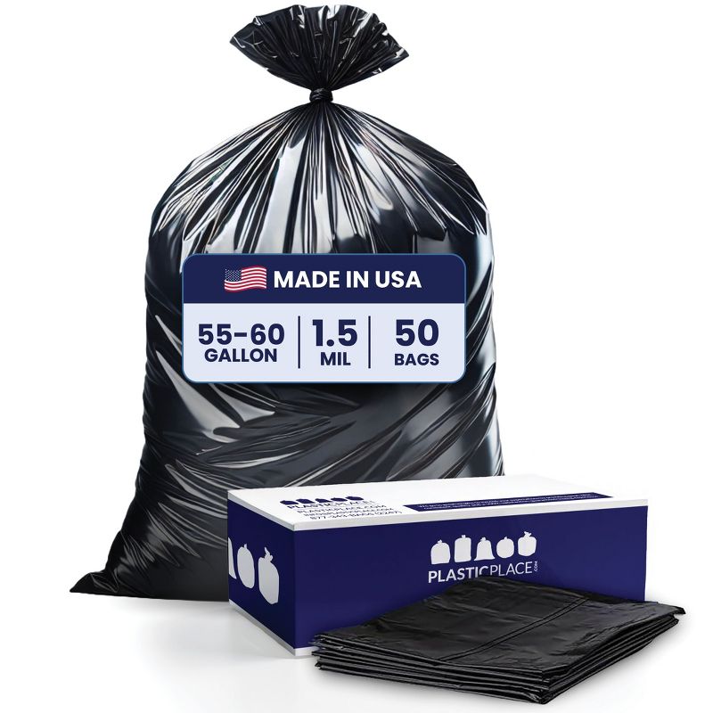 Plasticplace 55-60 Gallon Trash Bags, Black, 1.5 Mil (50 Count)