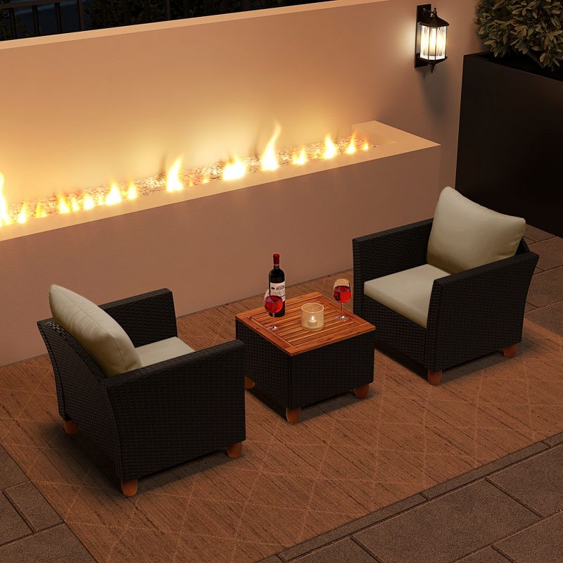 Costway 3PCS Patio Rattan Furniture Set Cushioned Sofa Storage Table with Wood Top White