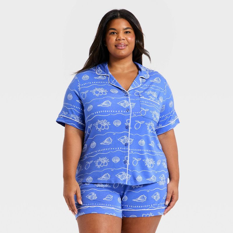 Women's Cloud Knit Short Sleeve Notch Collar Shirt and Shorts Pajama Set - Auden™ Blue Shells 2X