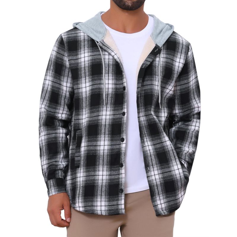 INSPIRE CHIC Men's Fleece Lining Drawstring Hooded Plaid Shirt Jacket Large Black White