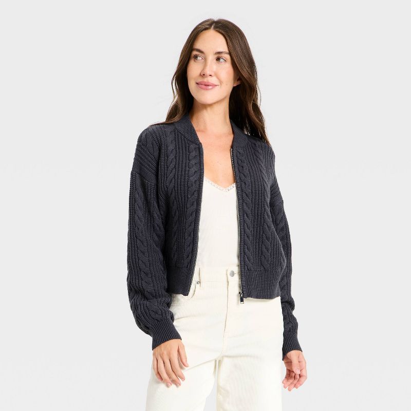 Women's Cable Full Zip Fashion Jacket - Universal Thread™ Charcoal Gray M