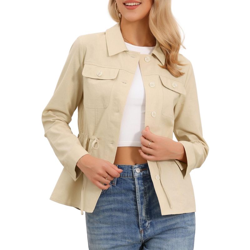 INSPIRE CHIC Women's Button Down Drawstring Waist Lapel Lightweight Spring Linen Utility Jacket Large Khaki