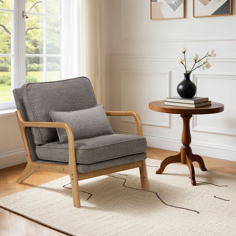 Ora Maison Gray Modern Accent Chair – Wooden Frame with Lumbar Pillow, Comfortable Lounge Chair for Living Room or Office