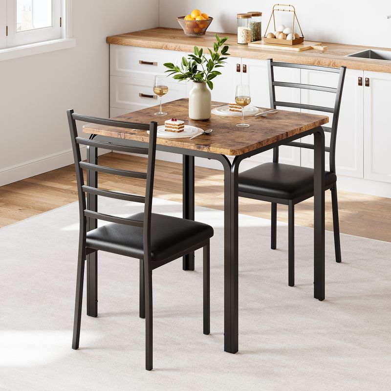 3-Piece Kitchen Dining Room Table Chair Set, Modern Dinette Set for 2, 2 Metal-Back Chairs, for Dinette, Kitchen, Dining Room, Brown