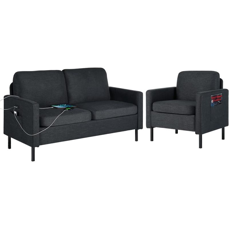 TYBOATLE 2-Piece Sectional Sofa Set – Grey Loveseat with USB & Accent Chair, Small Living Room Furniture for Apartment, Bedroom, Office