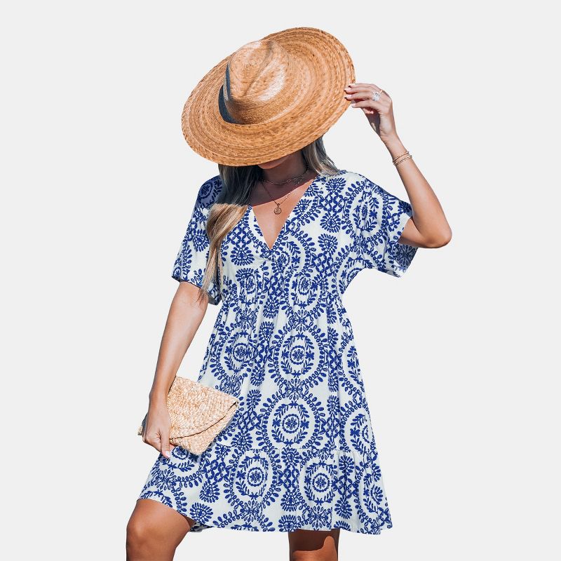 Women's Boho Chic Blue and White Floral Printed Beach Dress - Cupshe-M-Blue