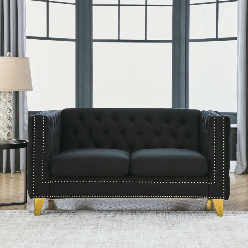 Velvet Buttons Tufted Square Arm 2-Seater Sofa with Metal Legs and Copper Nailhead Trim for Living Room, Bedroom