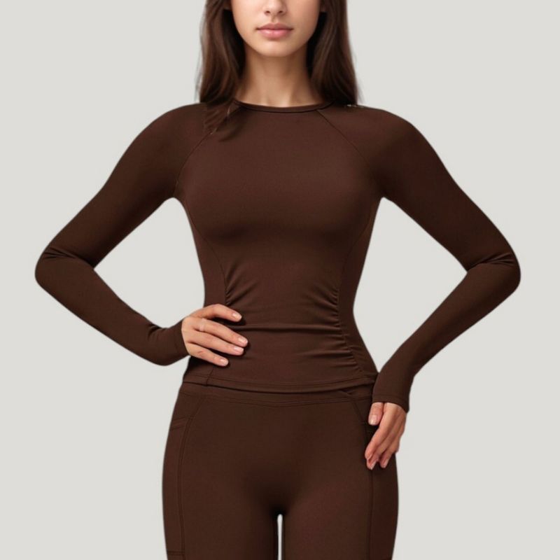 Anna-Kaci Active Women's Long Sleeve Crew Neck Activewear Top with Streamlined Fit and Lightweight Stretch Performance Fabric - Medium, Brown