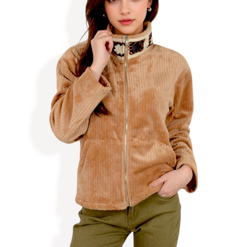 Anna-Kaci Women's Zip-Up Jacket with Embroidered Collar and Side Pockets - Small, Khaki