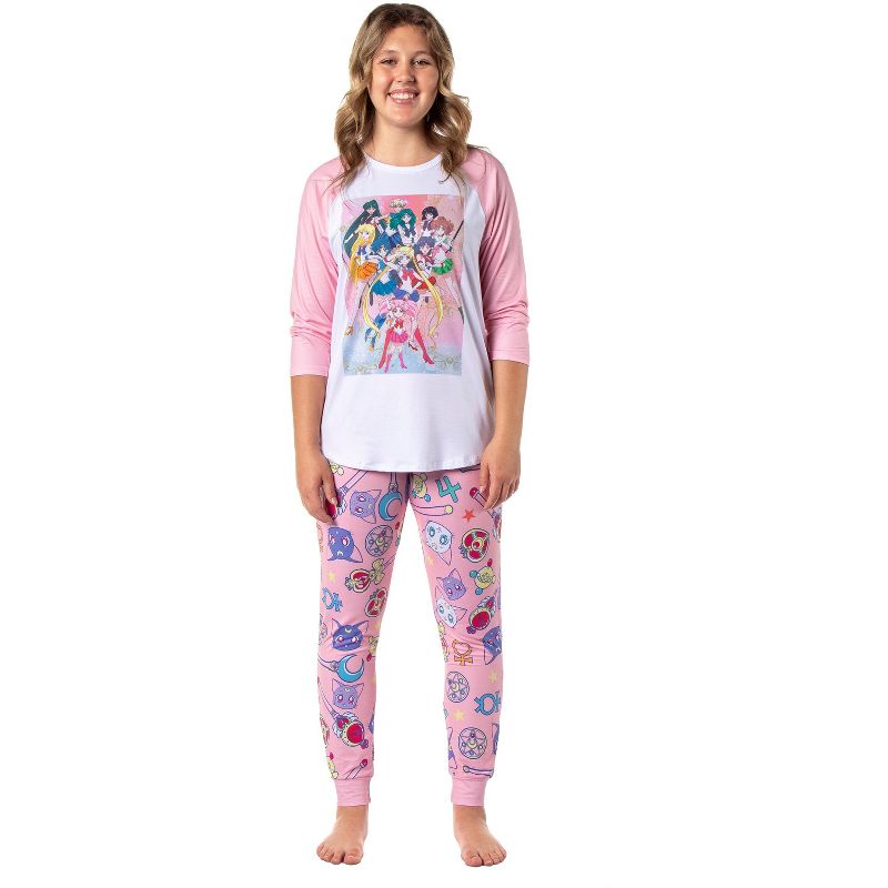 Sailor Moon Pajamas Women's Character Poster Raglan Shirt And Jogger Pants Pajama Set (X-Large) Pink
