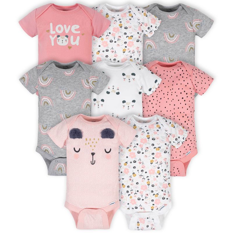 Gerber Baby Girls' Short Sleeve Onesies Bodysuits, 8-pack, Bear, 6-9 Months