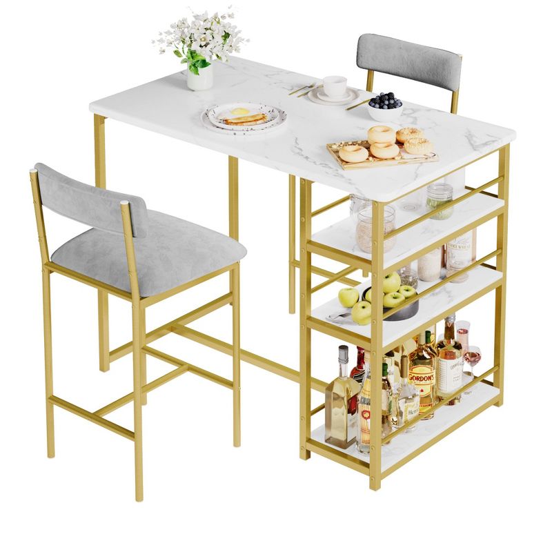Dining Table Set Counter Height Kitchen Table for 2 with 2 Upholstered Bar Stools and Storage Shelves for Small Space, Apartment, Dining Room, White