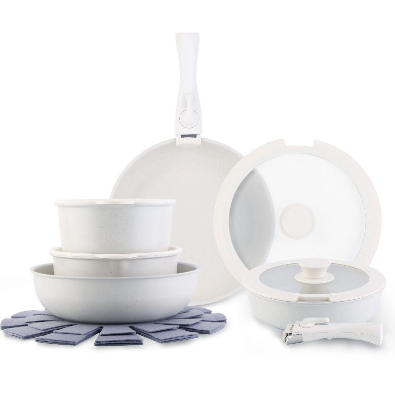 NewHome "17Pcs Nonstick Cookware Set with Detachable Handles – Induction-Compatible, Oven & Dishwasher Safe" White