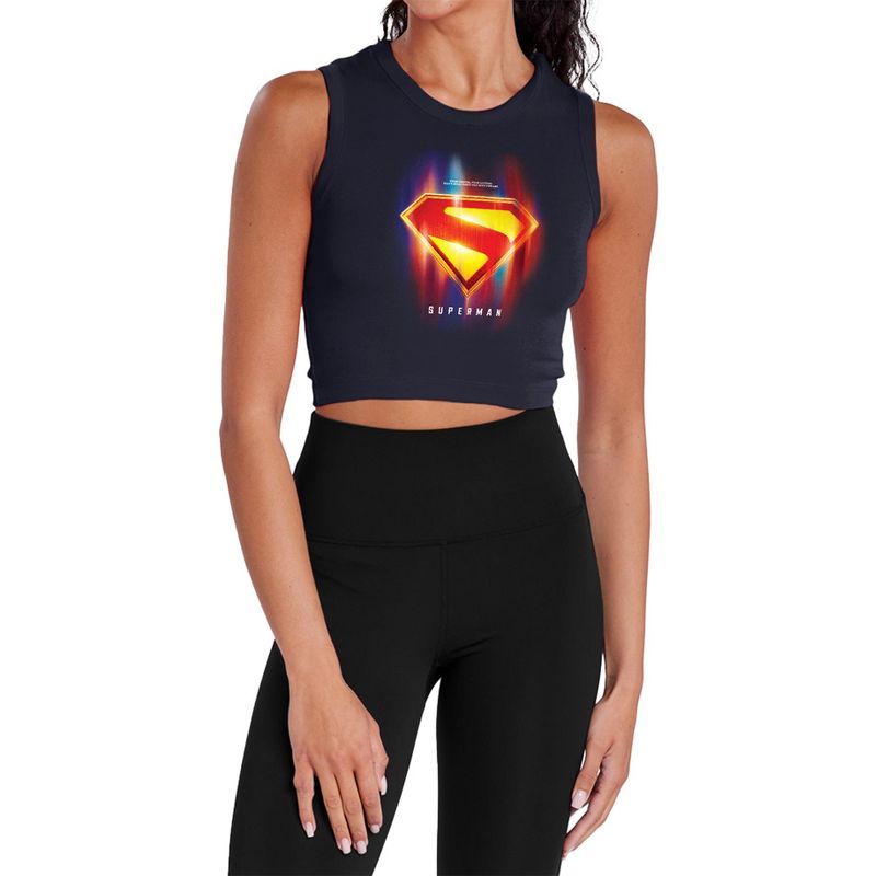 Women's Superman 2025 Glowing Shield Choices Sleeveless Crop Top Tank, Navy, Medium