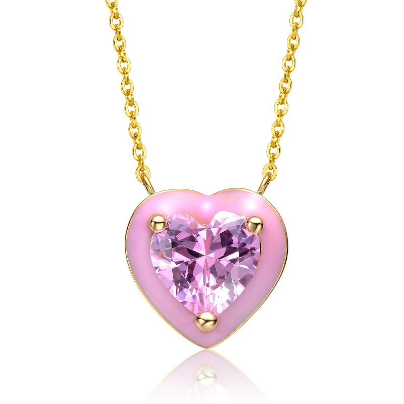 Guili 14K Yellow Gold Plated Pink Enamel Heart Dainty Pendant Layering Necklace- Featuring Pink Cubic Zirconia for a Touch of Romance
