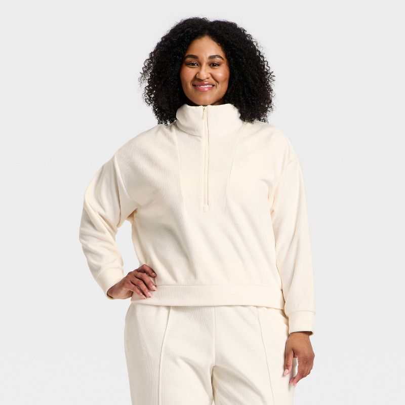 Women's Velour Ribbed 1/2 Zip Sweatshirt - All In Motion™ Cream 3X