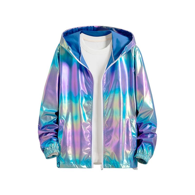 INSPIRE CHIC Men's Metallic Lightweight Zip-Up Holographic Hooded Jackets Blue Purple XX Large
