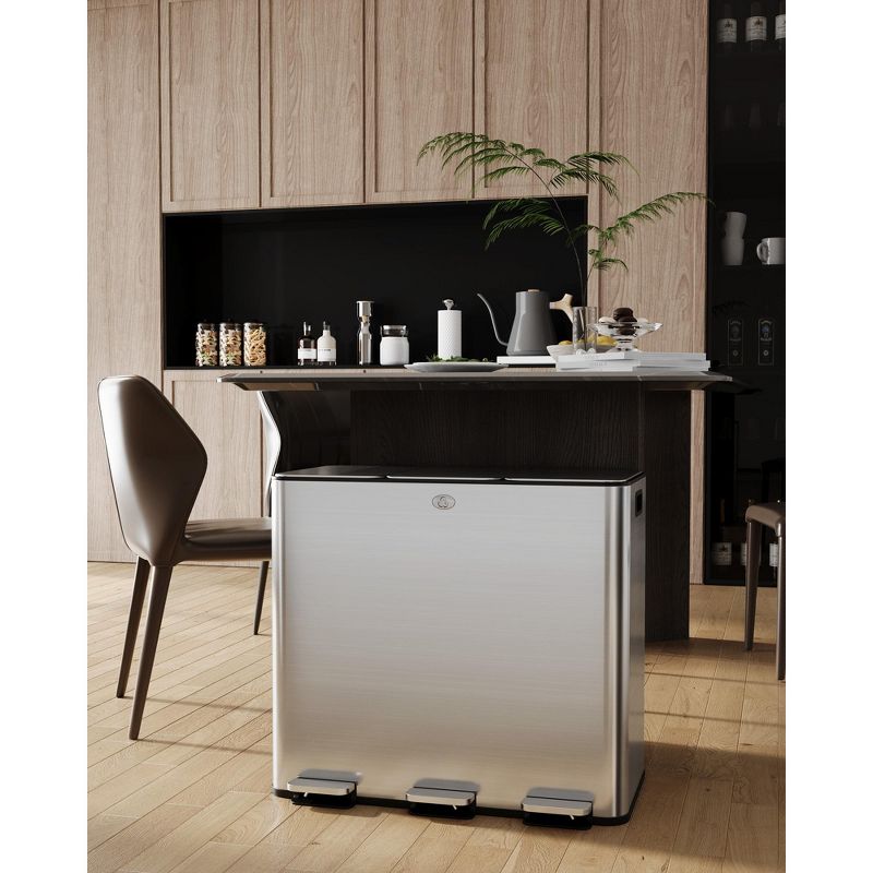 COZONY 16 Gal Three-Compartment Pedal Kitchen Recycling Trash Can, Stainless Steel with Odor Seal, Hands-Free Foot Operated Waste Bin