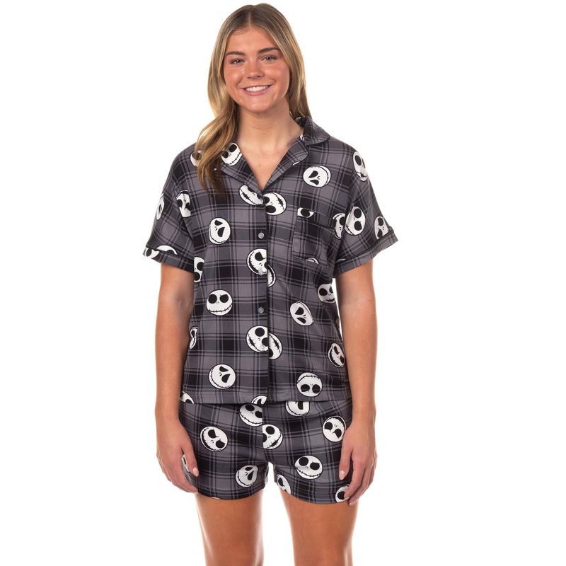 The Nightmare Before Christmas Pajamas Women's Jack Plaid Notch Collar Sleep Set (Large) Multicolored