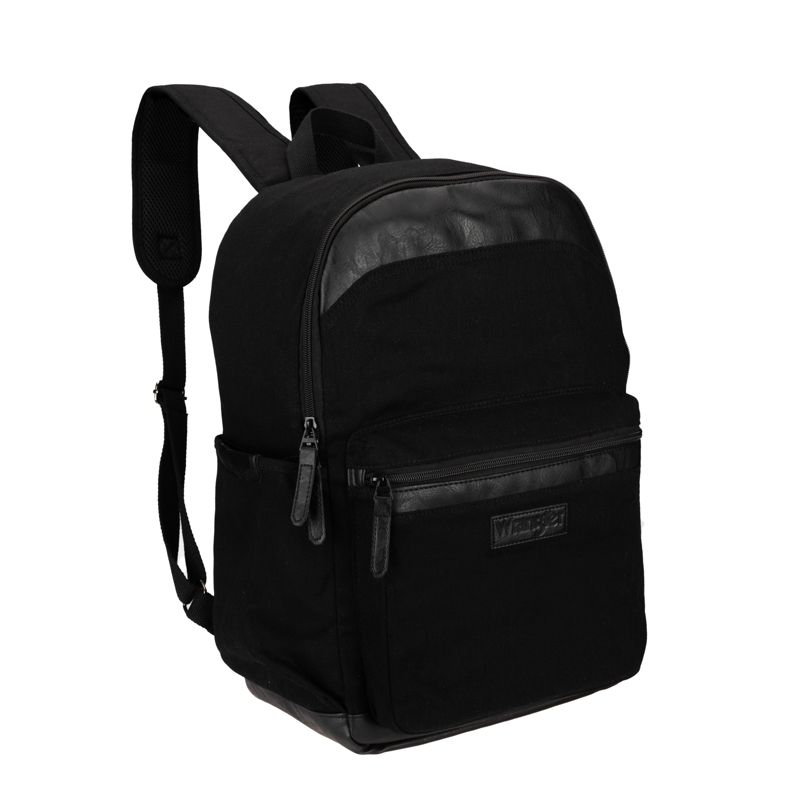 Wrangler Powell Denim Backpack for Mens Womens Kids, Classic Logo Water Resistant Casual Daypack for Travel with Padded Laptop Notebook Sleeve (Black)