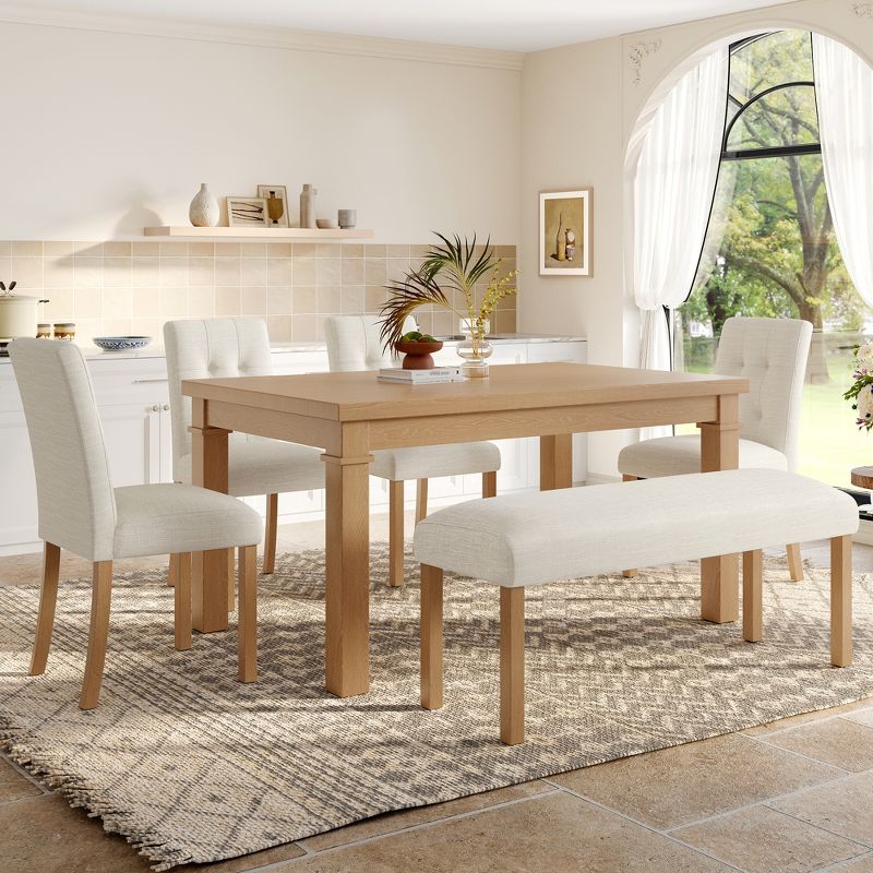 6 Piece Dining Table Set for 6, Dining Set Kitchen Table Set with 4 Upholstered Chairs & Bench, Natural - ModernLuxe