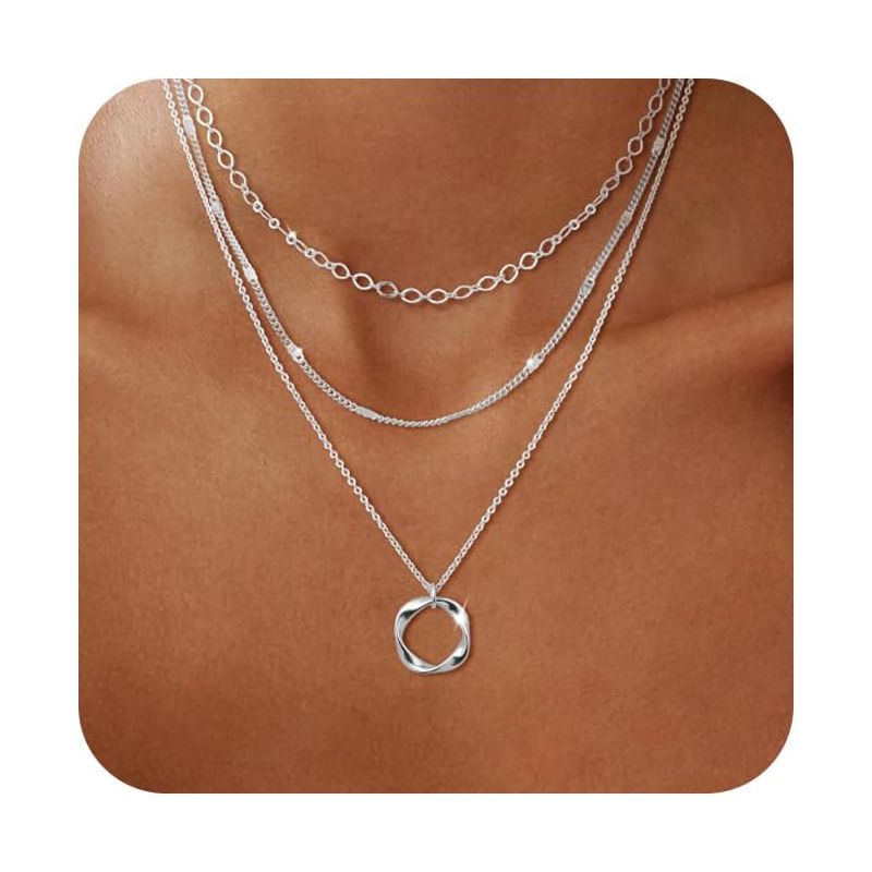 Silver Laytered Necklaces, Stackable Dainty Choker with Circle Bar Pendant Chain Jewelry Set Gift for Women Teens