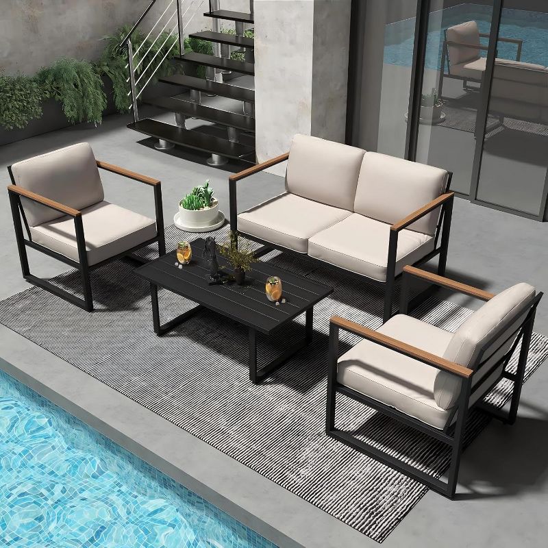 Coucheta Patio Furniture Set 4-Piece, Outdoor Metal Conversation Set with Thick Washable Cushions, Loveseat, 2 Chairs & Coffee Table for Balcony