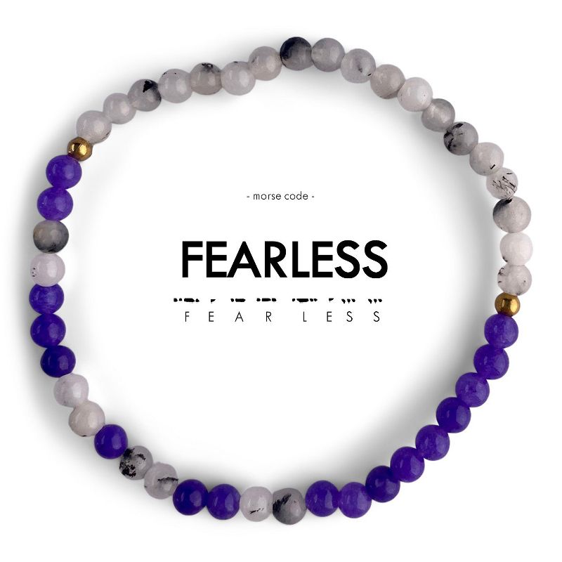 ETHIC GOODS Women's 4mm Morse Code Bracelet [FEARLESS] - Rainbow Moonstone & Purple Jade