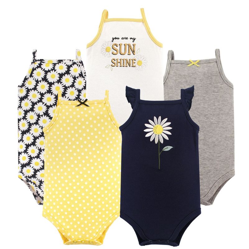 Hudson Baby Infant Girl Cotton Sleeveless Bodysuits 5pk, Daisy, 0-3 Months