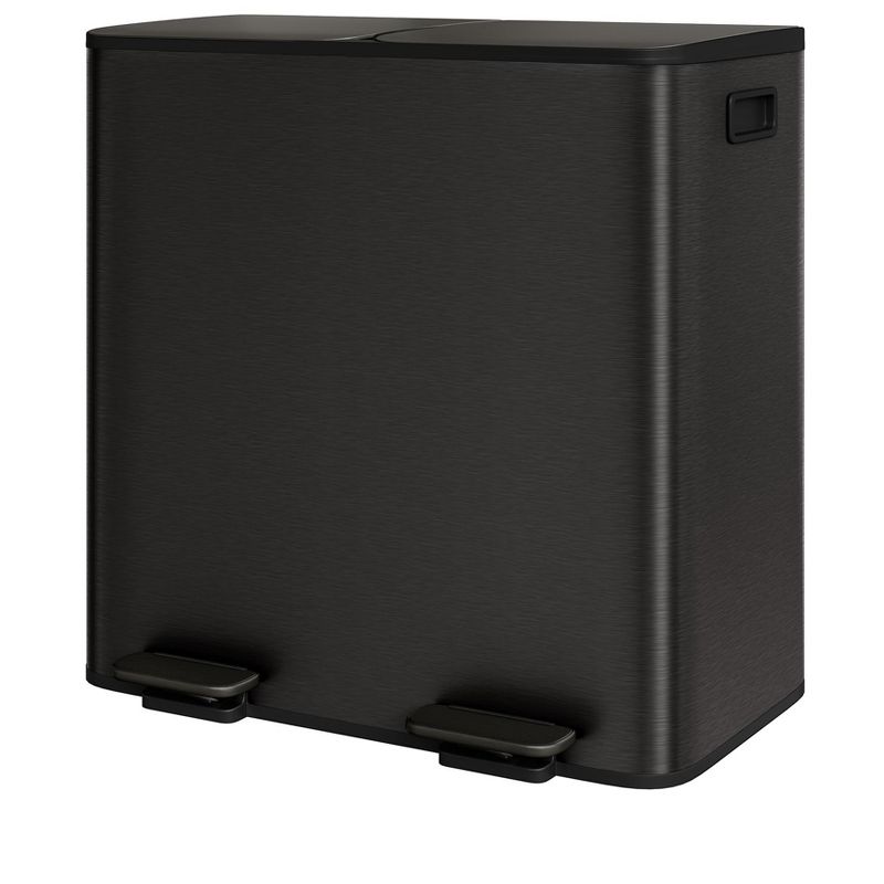 Orieon Dual Compartment Stainless Steel Trash Can, 16 Gal (2×8) Kitchen Recycling Bin, Step-On, Soft-Close,Black.