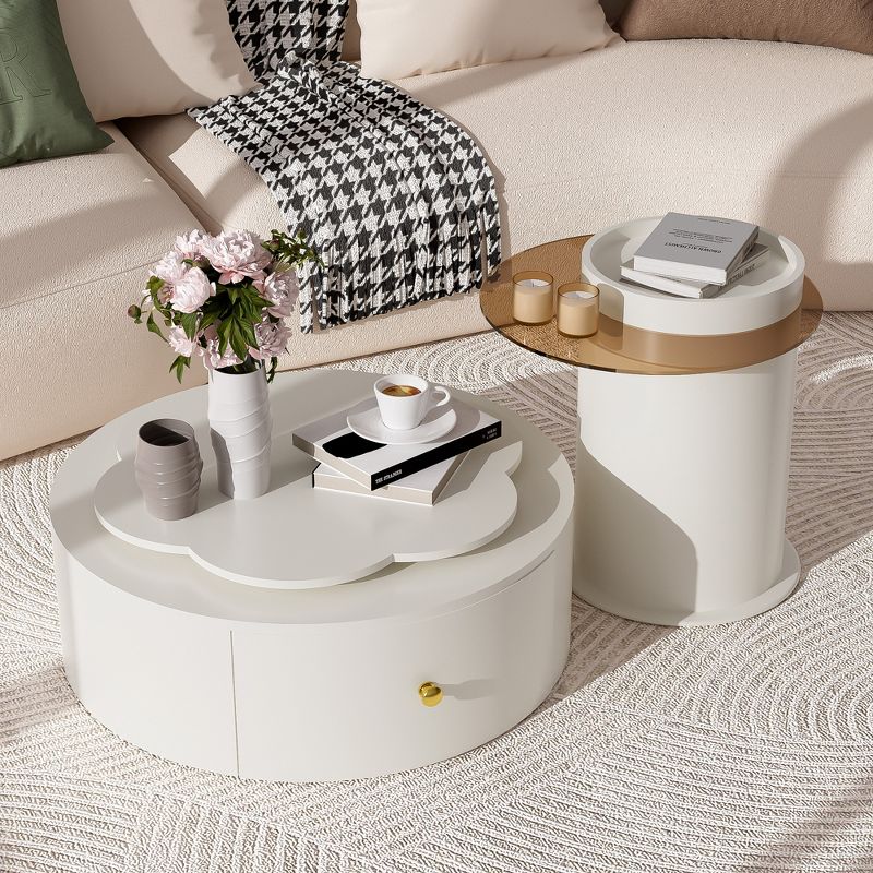 Round Coffee Table Set of 2, Rotatable Floral Top with 2 Drawers and Glass Side Table, Stylish Living Room Furniture
