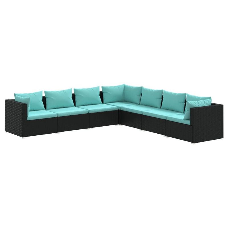 vidaXL Outdoor Patio Lounge Set, 7-Piece, Black Poly Rattan with Water Blue Cushions, Modular Corner/Middle Sofa, Ideal for Garden/Deck/Living Area