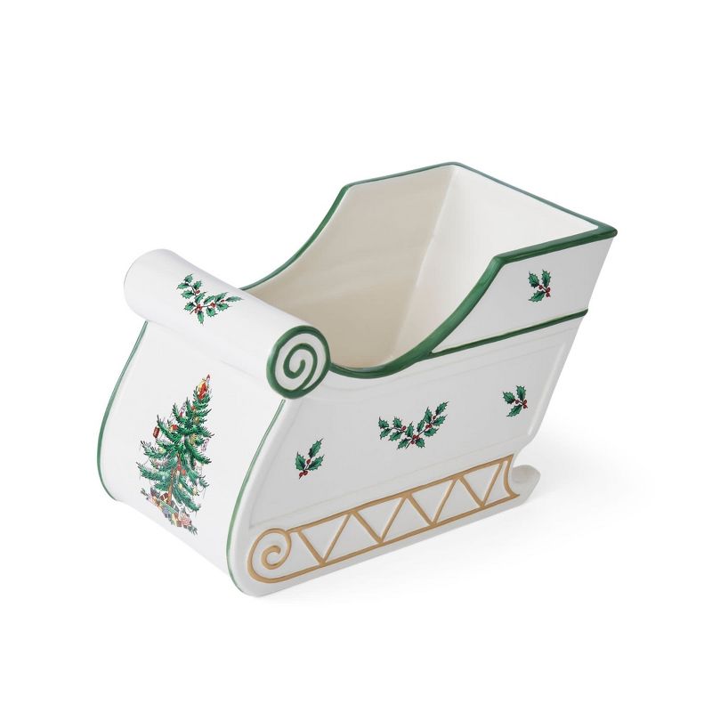 Spode Christmas Tree Figural Sleigh, 7.5" Dolomite Decorative Holiday Sleigh for Christmas Table Decor, Candy Holder, Snack Dish