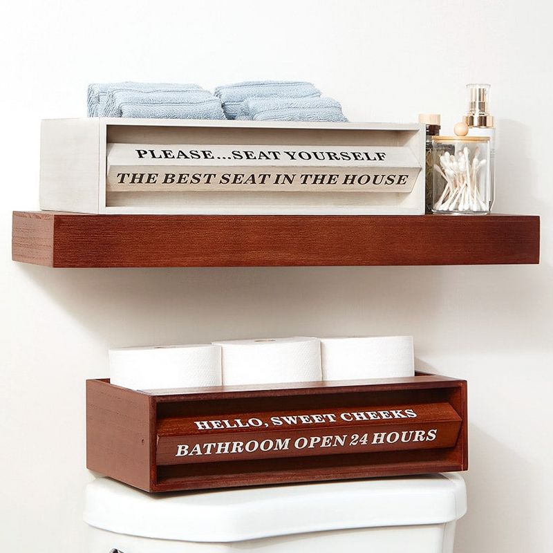 The Lakeside Collection Wooden Bathroom Toilet Topper Storage Tray with Funny Rotating Phrases - White