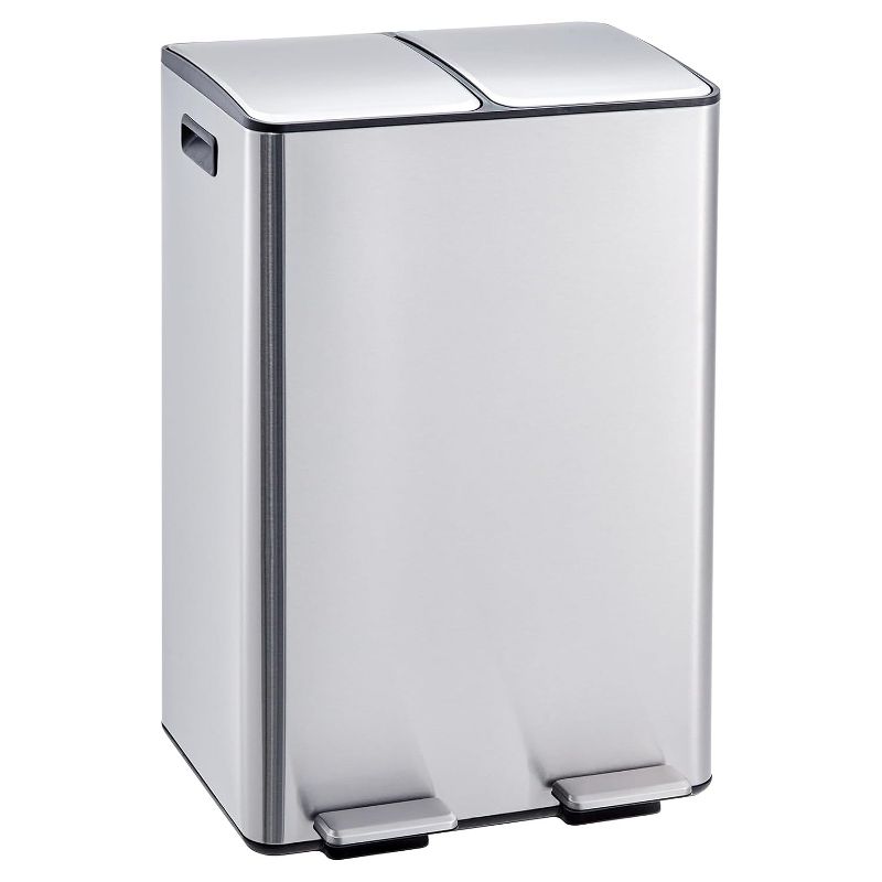 Dual Trash Can, 16 Gal Stainless Steel Kitchen Garbage Can with Lids, Inner Buckets and Pedals, Double Compartment Trash and Recycle Bin Set, Silver