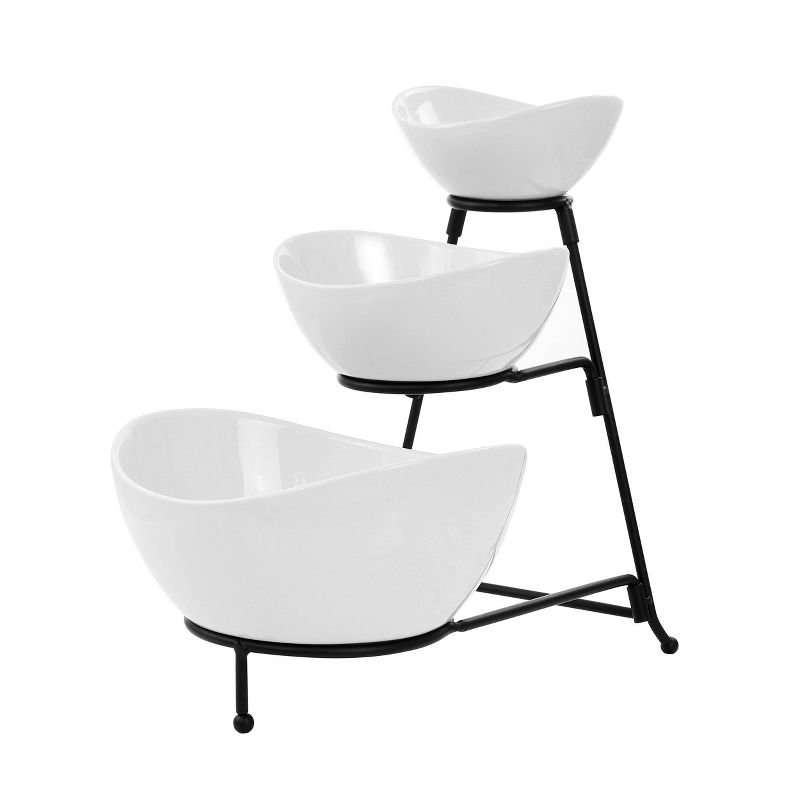 3-Tier Oval Bowl Porcelain Serving Stand Set - Elama: Tiered Serving Tray, Dishwasher & Microwave Safe, White