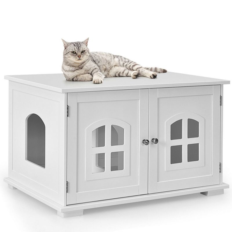 Costway Large Wooden Cat Litter Box Enclosure Hidden Cat Washroom w/ Divider White