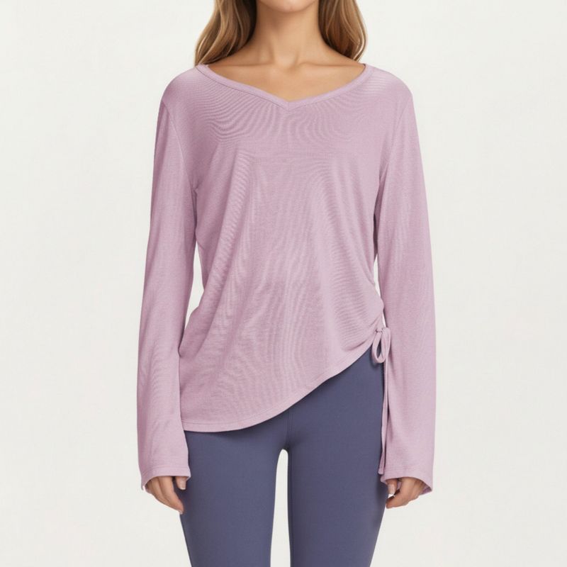 Anna-Kaci Active Women's Long Sleeve V Neck Top with Soft Textured Fabric Relaxed Draped Silhouette and Curved Hemline - Small, Pink