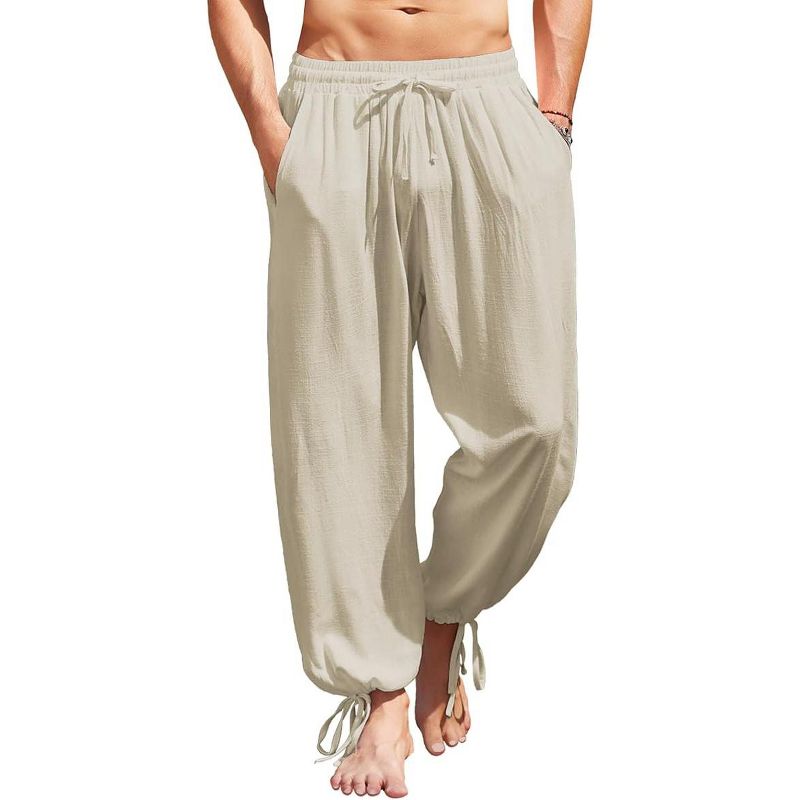 COOFANDY Men's Cotton Linen Pants Casual Harem Pants Elastic Waist Beach Boho Yoga Trousers Khaki L